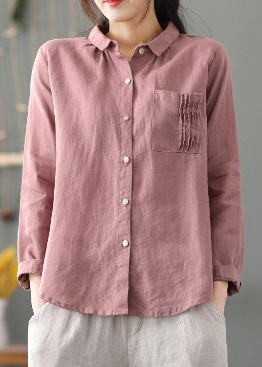 Cute Pink Peter Pan Collar Patchwork Solid Button Low High Design Linen Shirt Long Sleeve