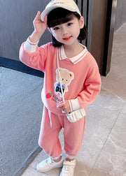 Cute Pink Peter Pan Collar Print Cotton Kids Girls Sport Two Piece Suit Fall