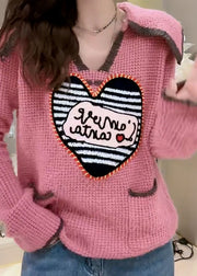 Cute Pink Peter Pan Collar Print Pockets Patchwork Knit Sweaters Fall