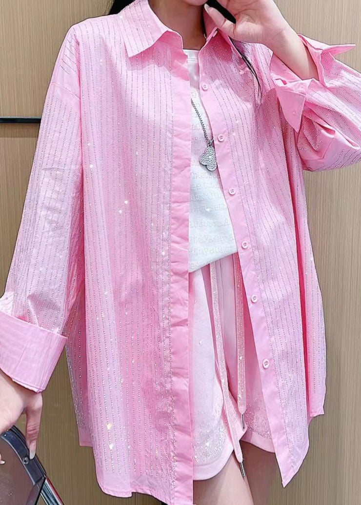 Cute Pink Peter Pan Collar Striped Button Ice Silk Shirt Long Sleeve