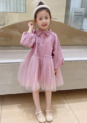 Cute Pink Peter Pan Collar Tulle Patchwork Cotton Kids Girls Dress Fall