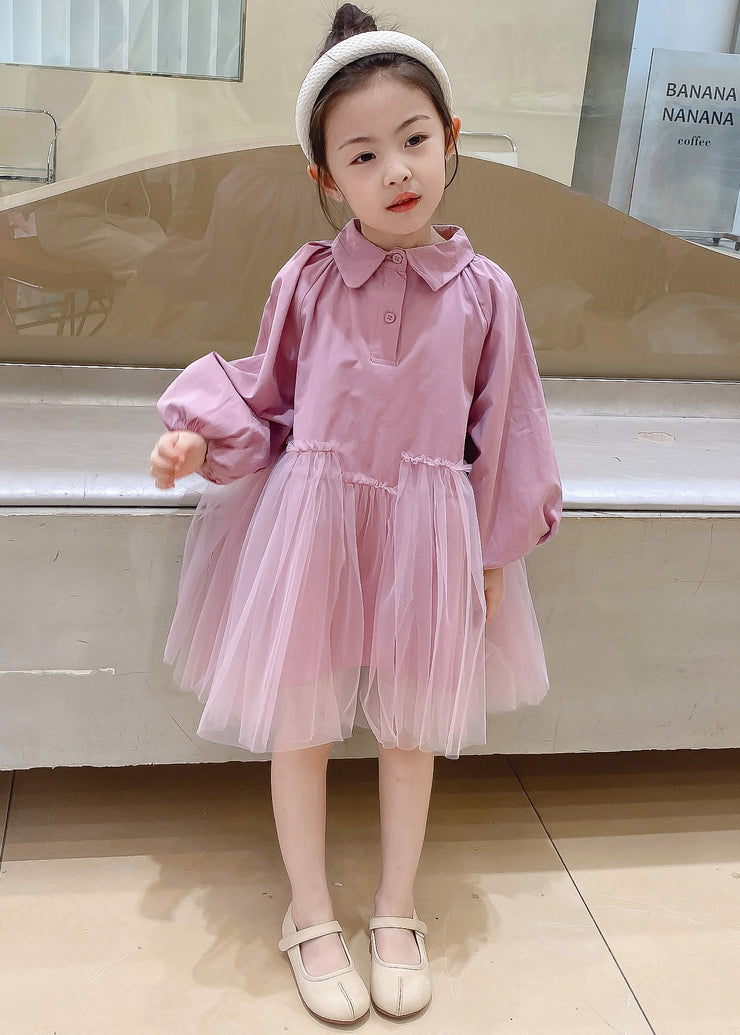 Cute Pink Peter Pan Collar Tulle Patchwork Cotton Kids Girls Dress Fall