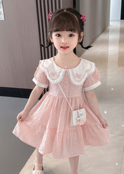 Cute Pink Peter Pan Collar Wrinkled Patchwork Cotton Baby Girls Dress Summer