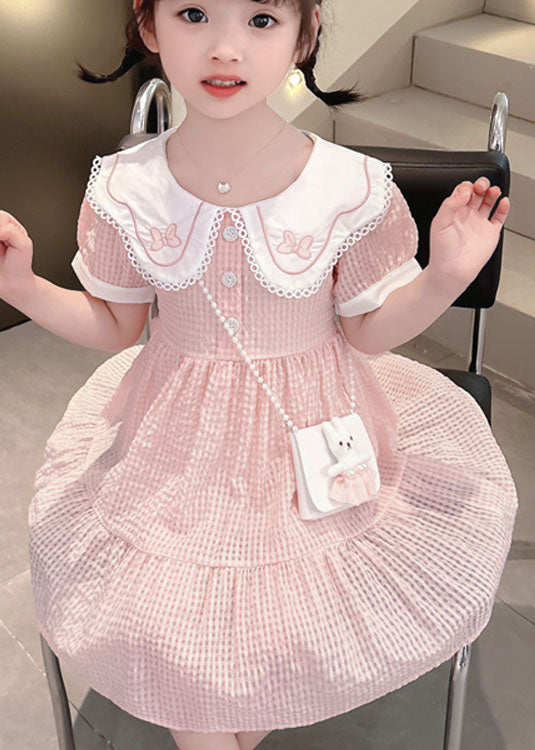 Cute Pink Peter Pan Collar Wrinkled Patchwork Cotton Baby Girls Dress Summer