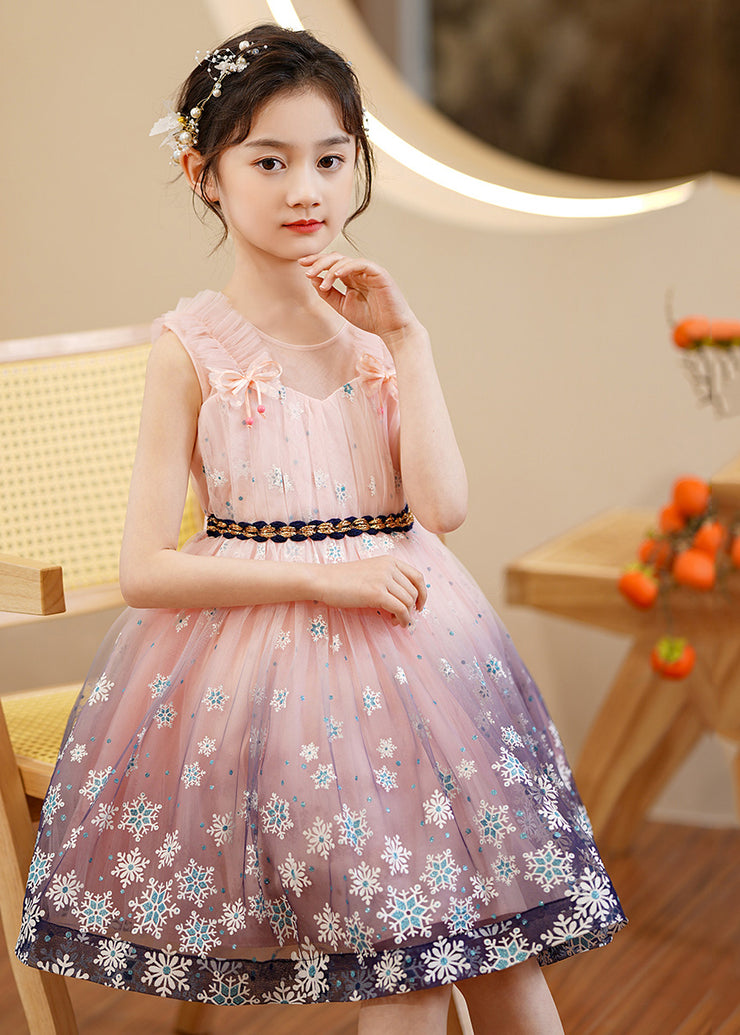 Cute Pink Print Gradient Color Exra Large Hem Tulle Kids Girls Robe Dresses Summer