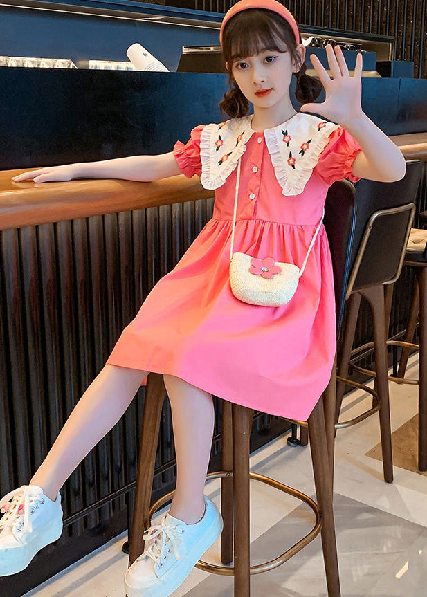Cute Pink Print Patchwork Wrinkled Cotton Girls Holiday Mid Dress Short Sleeve