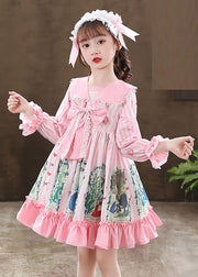 Cute Pink Print Ruffled Patchwork Bow Girls Mid Dresses Fall