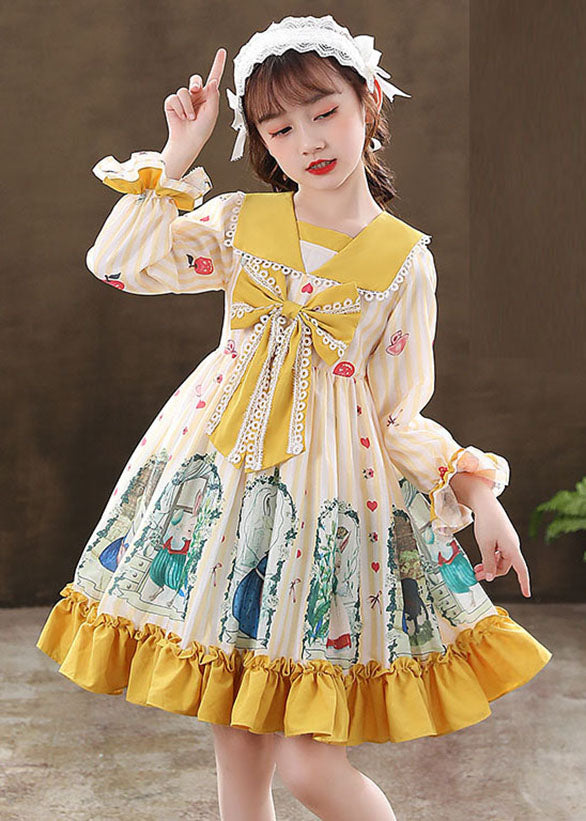 Cute Pink Print Ruffled Patchwork Bow Girls Mid Dresses Fall