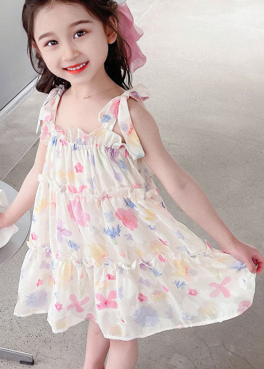 Cute Pink Print Ruffled Patchwork Chiffon Baby Girls Dresses Sleeveless
