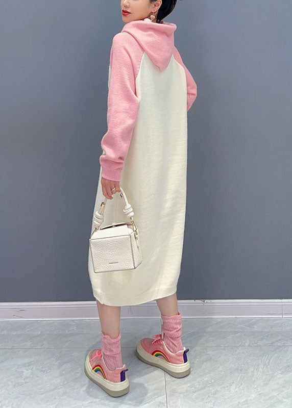 Cute Pink Print Wrinkled Knit Maxi Sweater Dresses Long Sleeve