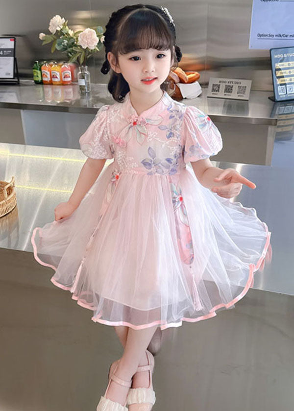 Cute Pink Print Wrinkled Patchwork Tulle Kids Girls Dresses Summer
