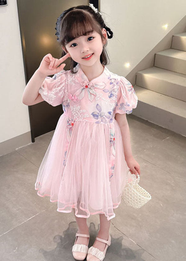 Cute Pink Print Wrinkled Patchwork Tulle Kids Girls Dresses Summer