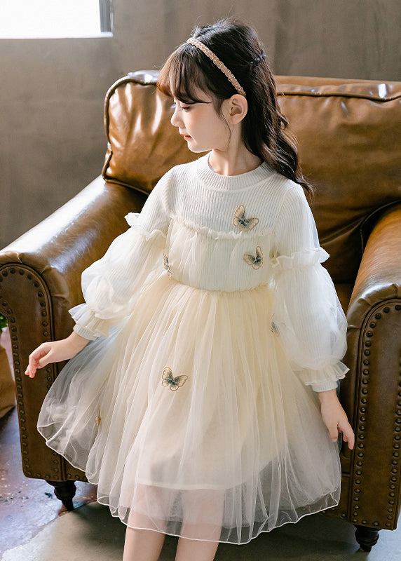 Cute Pink Ruffled Butterfly Patchwork Tulle Kids Girls Dresses Fall