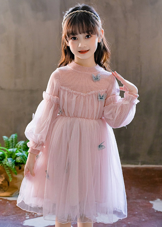 Cute Pink Ruffled Butterfly Patchwork Tulle Kids Girls Dresses Fall