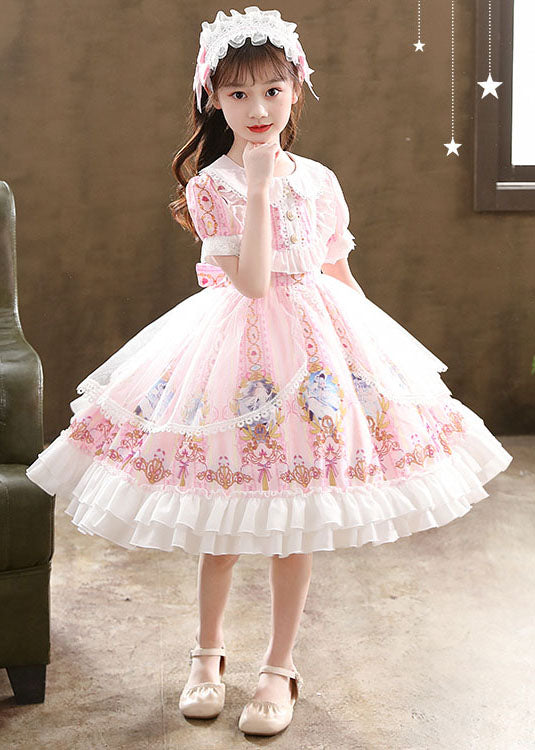 Cute Pink Ruffled Cartoon Print Patchwork Chiffon Kids Girls Princess Dress Summer