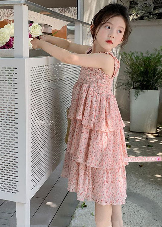 Cute Pink Ruffled Layered Patchwork Chiffon Kids Girls Dress Summer