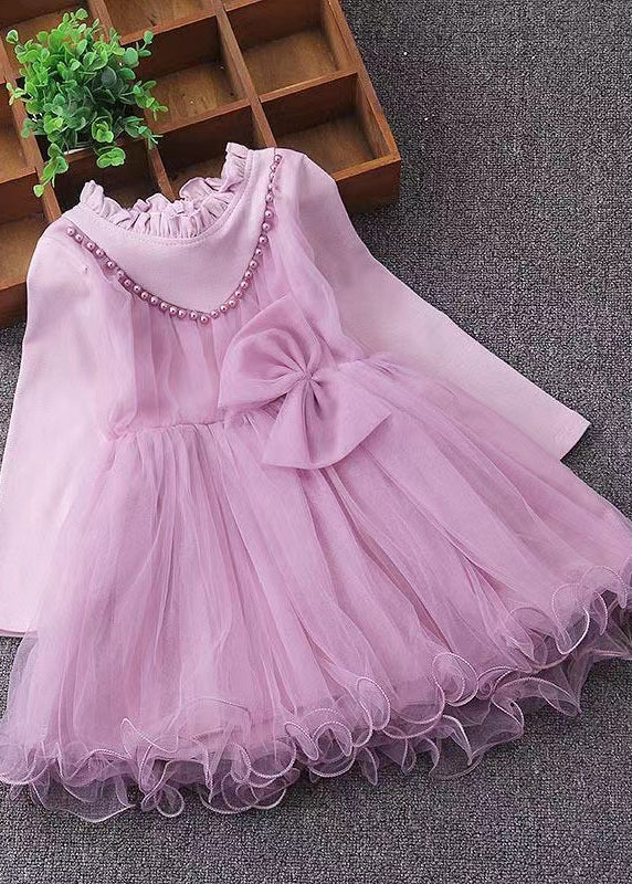 Cute Pink Ruffled Nail Bead Patchwork Tulle Baby Girls Dresses Fall