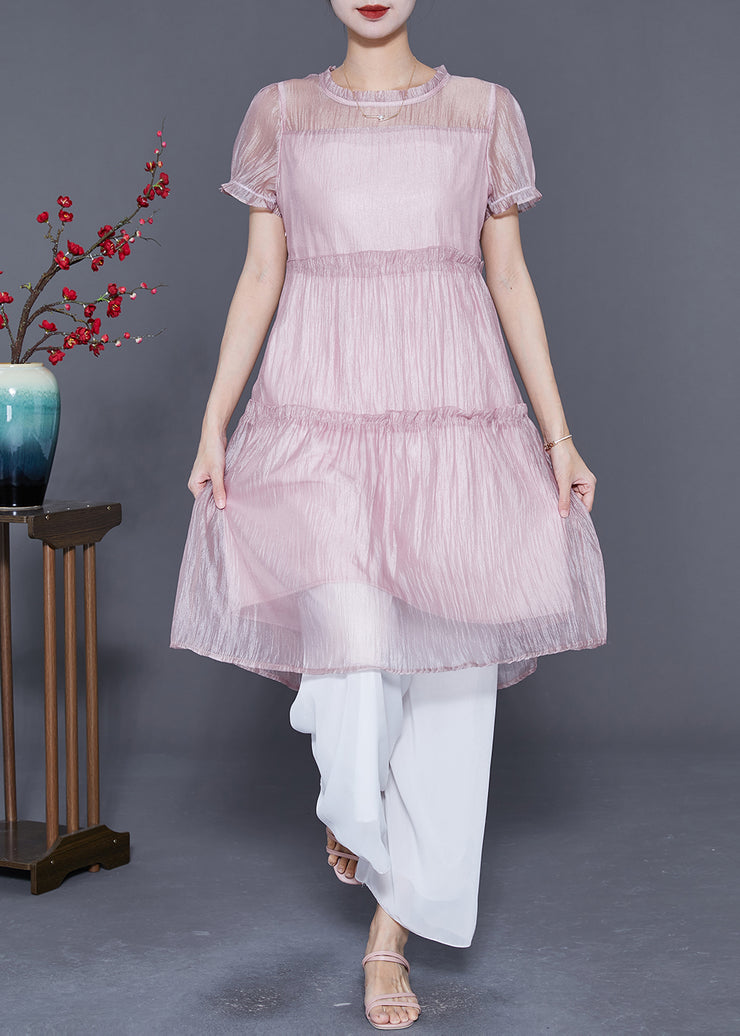 Cute Pink Ruffled Patchwork Silk A Line Dress Summer