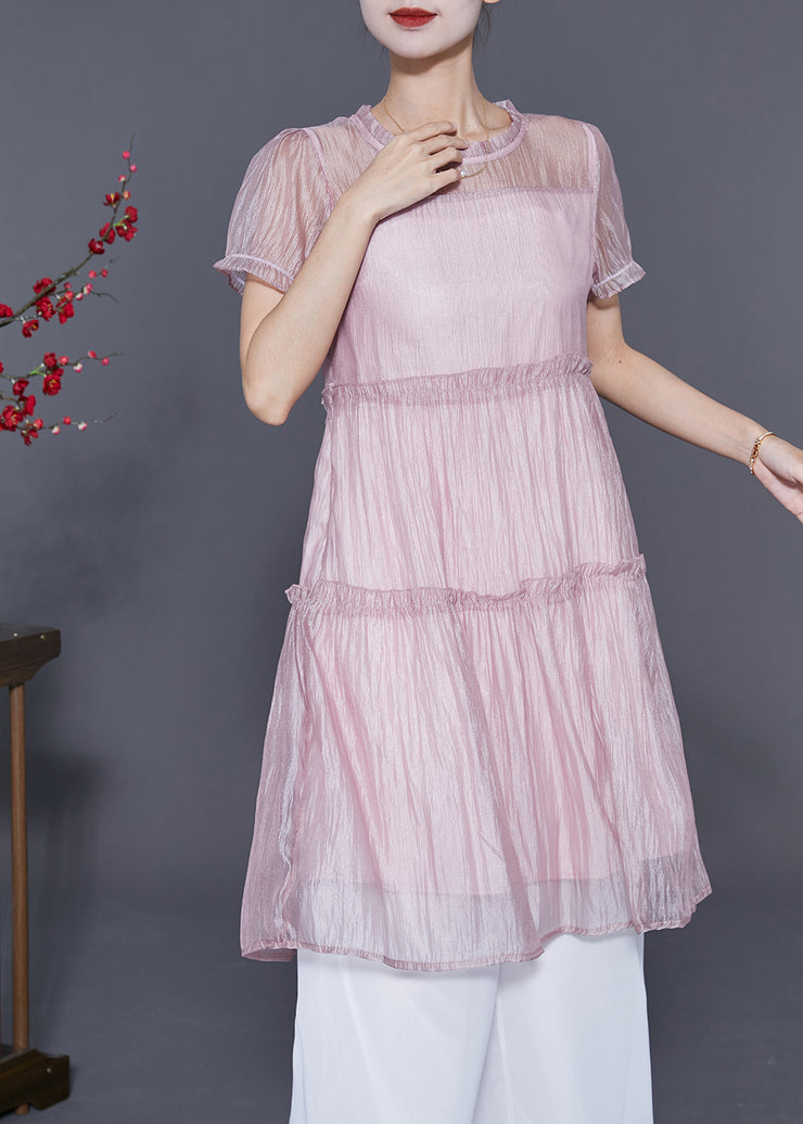 Cute Pink Ruffled Patchwork Silk A Line Dress Summer