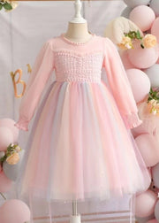 Cute Pink Ruffled Patchwork Tulle Baby Girls Dresses Fall