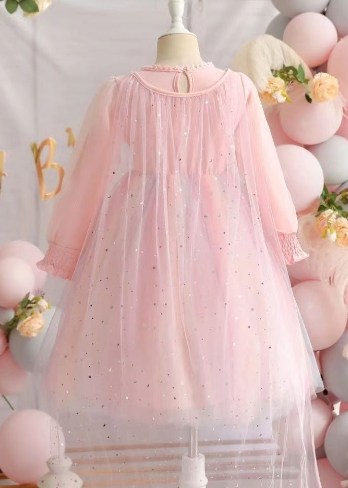 Cute Pink Ruffled Patchwork Tulle Baby Girls Dresses Fall