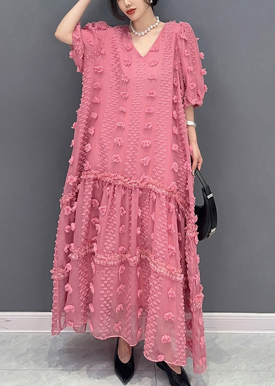 Cute Pink Ruffled Patchwork Tulle Long Dress Summer