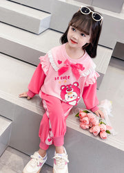 Cute Pink Ruffled Print Bow Cotton Baby Girls Two Pieces Set Fall