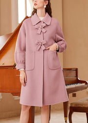 Cute Pink Square Collar Bow Button Woolen Maxi Coat Spring