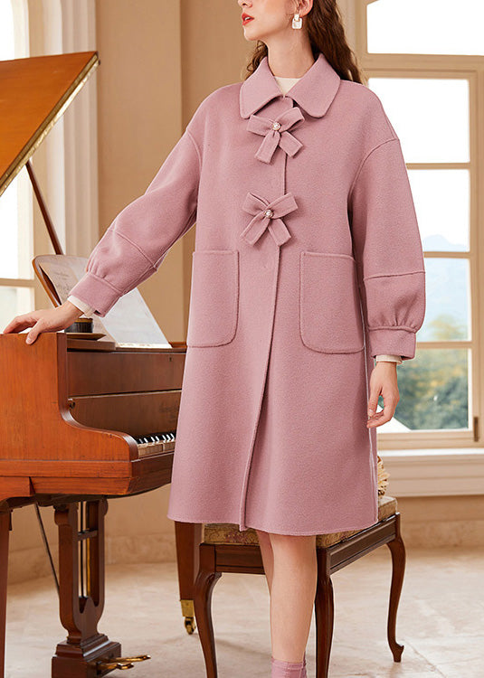 Cute Pink Square Collar Bow Button Woolen Maxi Coat Spring