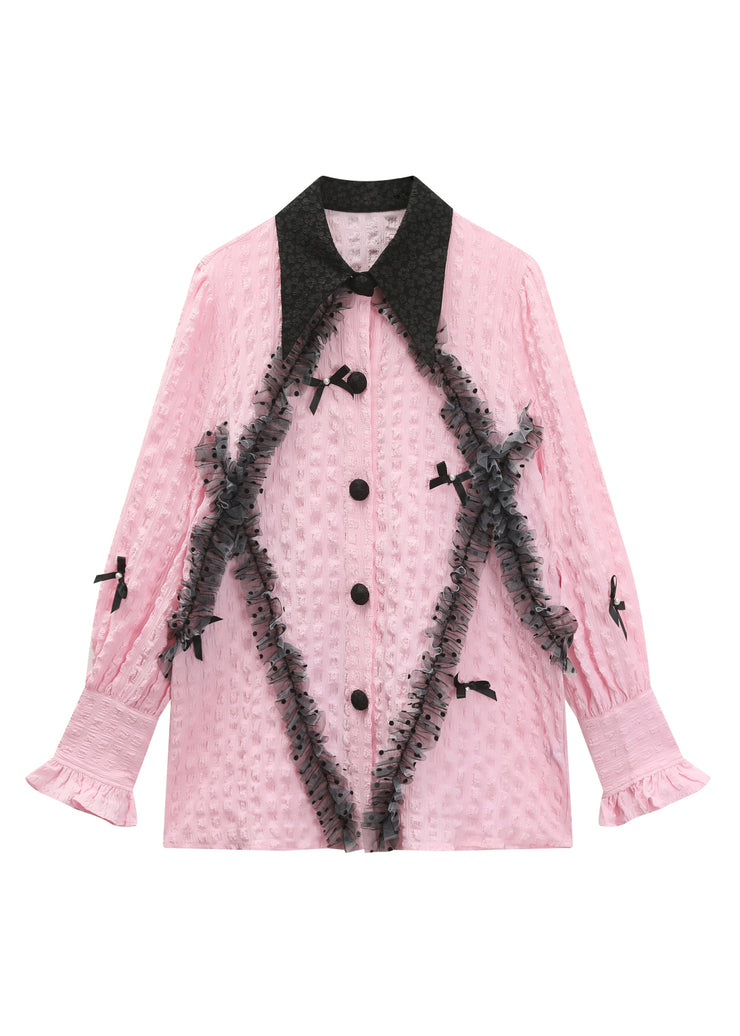 Cute Pink Square Collar Ruffled Print Tulle Shirts Long Sleeve