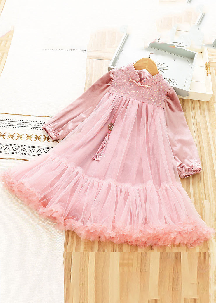 Cute Pink Stand Collar Sequins Patchwork Tulle Girls Shawl And Dress Two Pieces Set Long Sleeve