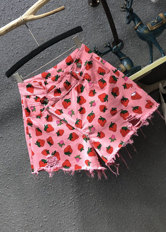 Cute Pink Strawberry Print Pockets Denim Shorts Summer