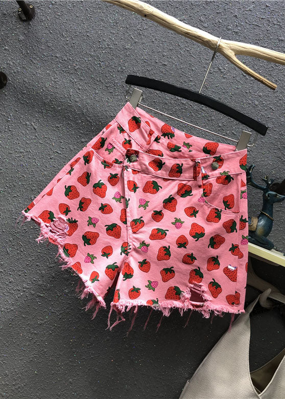 Cute Pink Strawberry Print Pockets Denim Shorts Summer