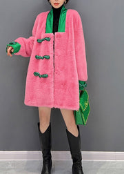 Cute Pink V Neck Button Warm Thick Faux Fur Coats Winter