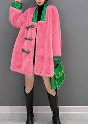 Cute Pink V Neck Button Warm Thick Faux Fur Coats Winter