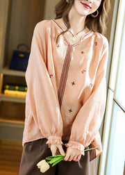 Cute Pink V Neck Cozy Linen T Shirts Spring