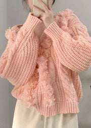 Cute Pink V Neck Floral Cotton Knit Sweater Long Sleeve