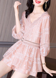 Cute Pink V Neck Lace Patchwork Chiffon Shirts And Shorts Two Piece Set Summer