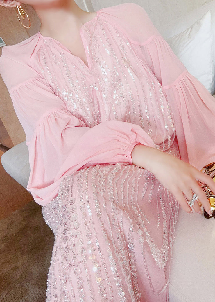 Cute Pink V Neck Patchwork Sequins Silk Long Dress Lantern Sleeve