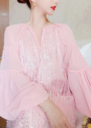 Cute Pink V Neck Patchwork Sequins Silk Long Dress Lantern Sleeve