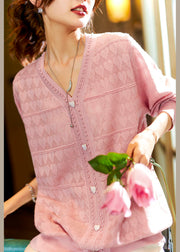 Cute Pink V Neck Print Knit Tops Long Sleeve