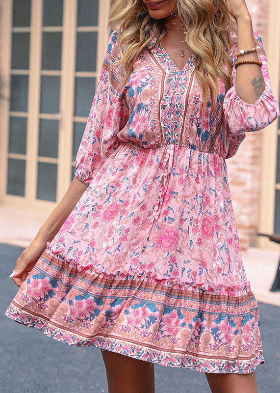Cute Pink V Neck Ruffled Patchwork Print Cotton Cinch Mid Dresses Half Sleeve