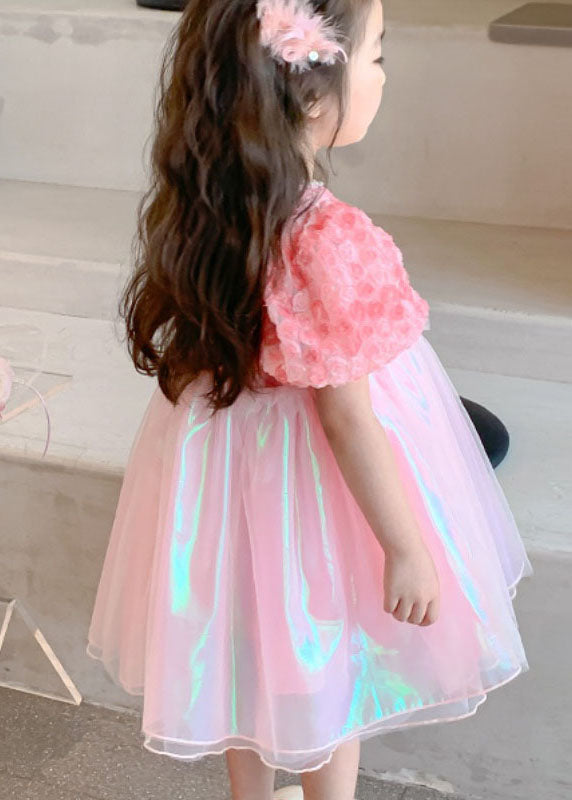 Cute Pink Wrinkled Nail Bead Patchwork Tulle Baby Girls Dress Short Sleeve