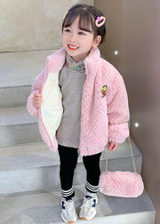 Cute Pink Zip Up Pockets Teddy Faux Fur Girls Coats Long Sleeve