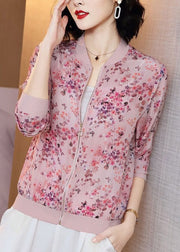 Cute Pink Zipper Print Chiffon Sunscre Coat Long Sleeve