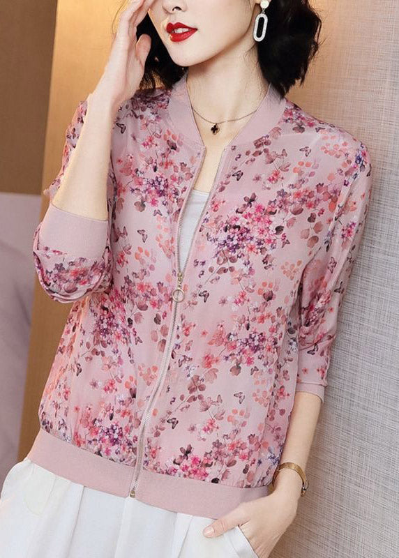 Cute Pink Zipper Print Chiffon Sunscre Coat Long Sleeve