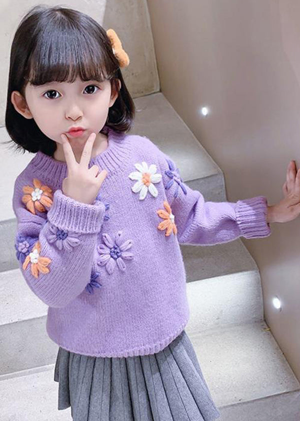 Cute Purple O Neck Floral Thick Knit Kids Girls Knit Pullover Winter
