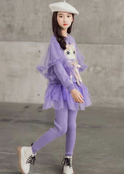 Cute Purple O Neck Sequins Tulle Patchwork Girls Two Pieces Set Fall