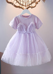 Cute Purple Patchwork Wrinkled Tulle Kids Long Dress Short Sleeve