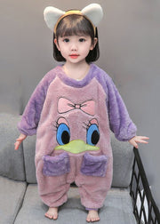 Cute Purple Print Pockets Fluffy Kids Pajamas Jumpsuit Long Sleeve
